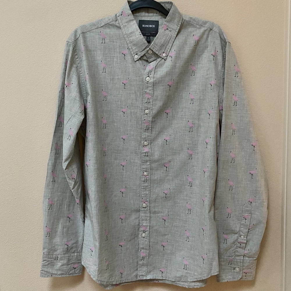 Bonobos Button Down Flamingo Pattern Long Sleeve Shirt, Men's Large Slim Fit